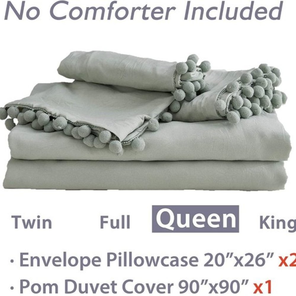 UO 3 Pieces Queen Green Pom Pom Fringe Duvet Cover - Picture 8 of 9